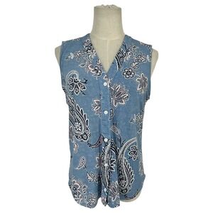 Amana Womens Blue Paisley Floral Sleeveless Button Front Blouse Top Sm‎ Textured